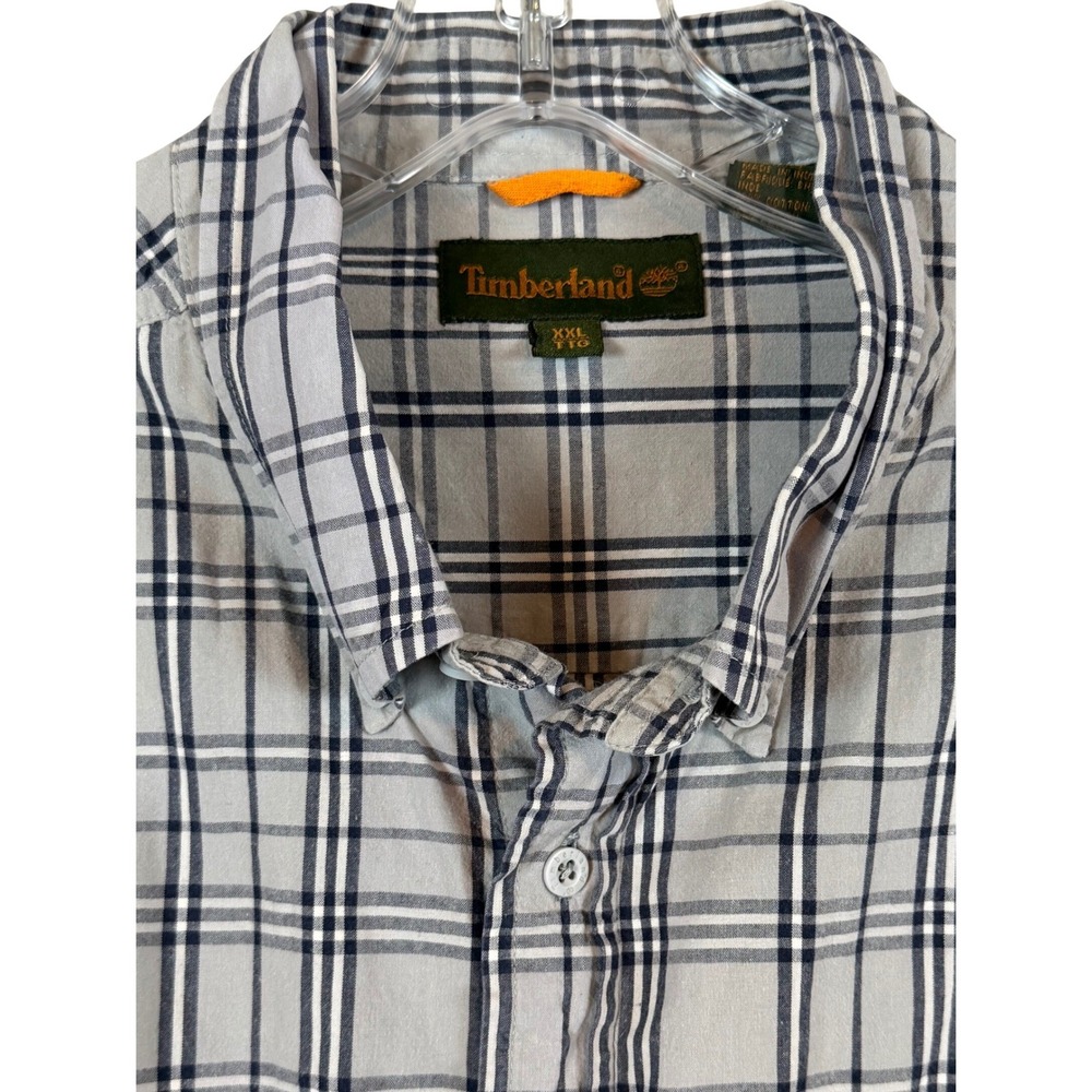 Timberland Mens XXL Grey Navy Blue Plaid Cotton Button Down L/S Gorpcore Dadcore